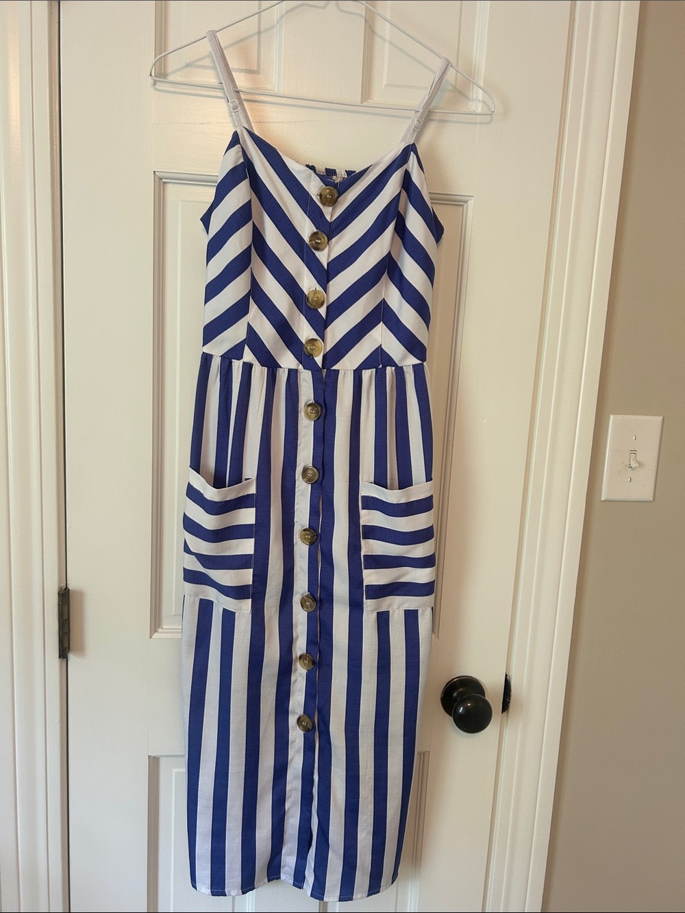 Blue and White Striped Button-Front Midi Dress